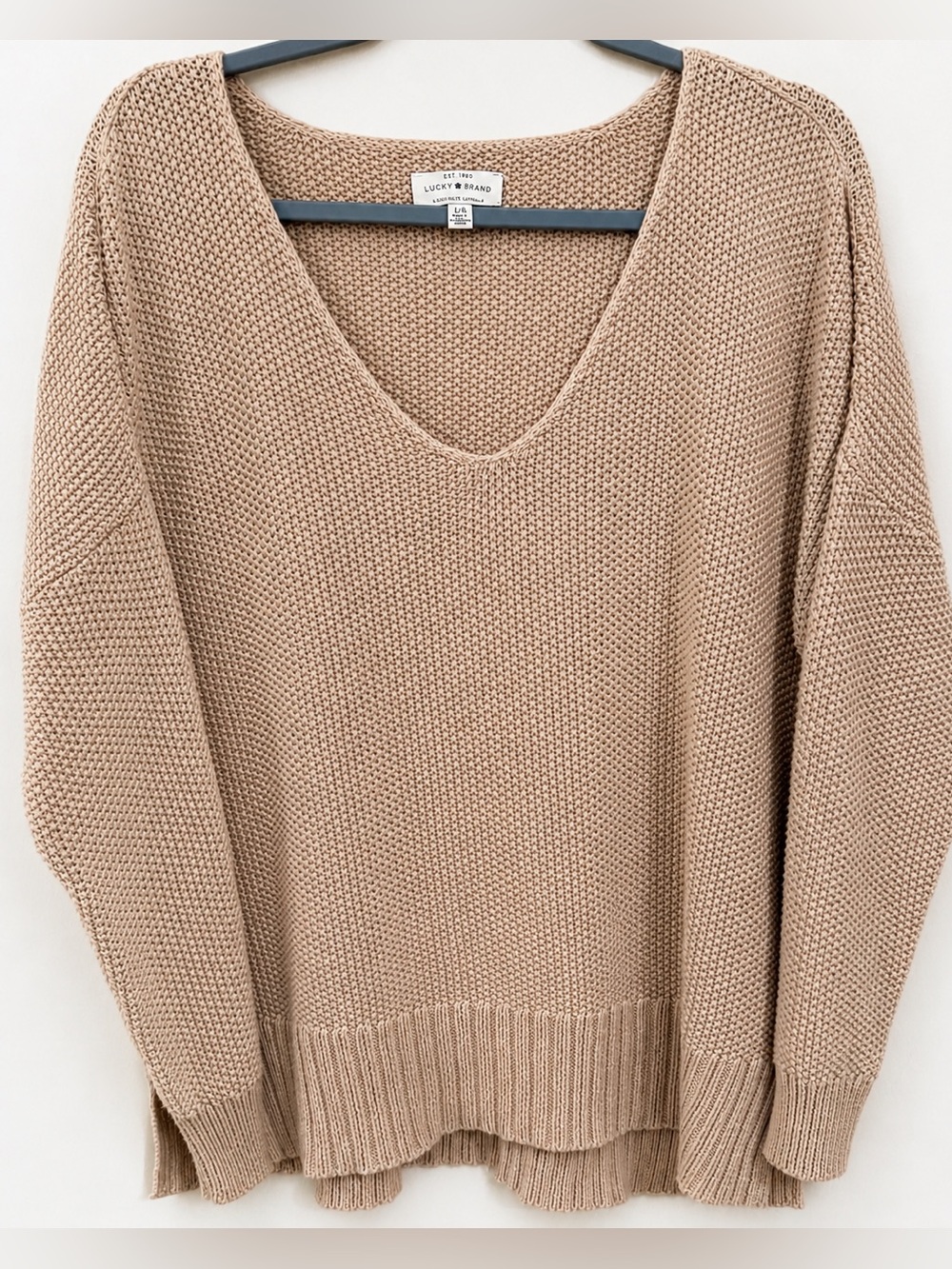 Lucky Brand Chunky Knit V-Neck Sweater Large Neutral Beige Oversized Cozy